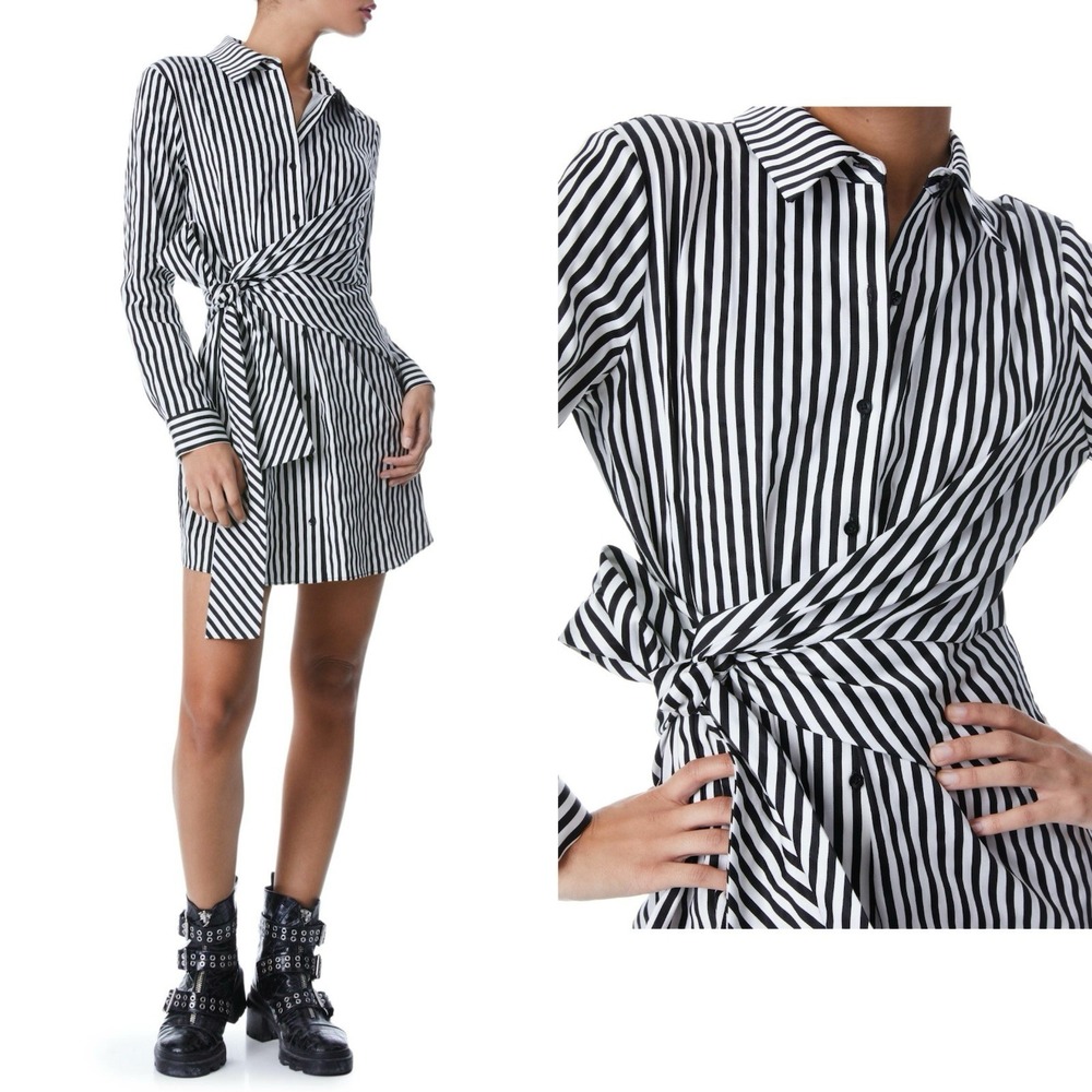 Alice + Olivia REINA DRAPED STRIPPED SHIRT DRESS Black White Size Small - NEW